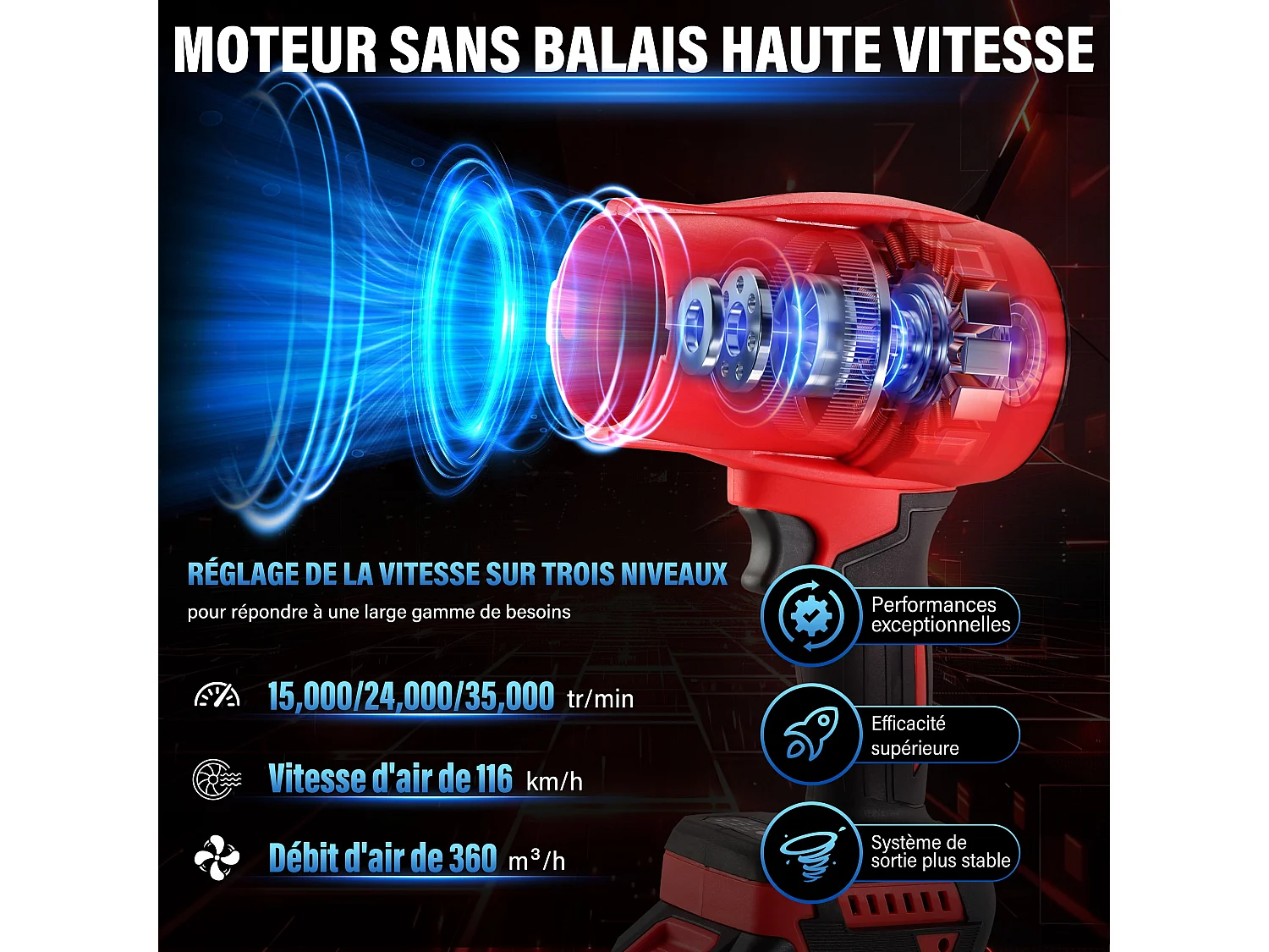 Souffleur à Feuilles Sans Fil TEENO | 21 V | Avec 2 Batteries de 6,0 Ah | Vitesse du Vent Jusqu'à 116 km/h | 35 000 tr/min
