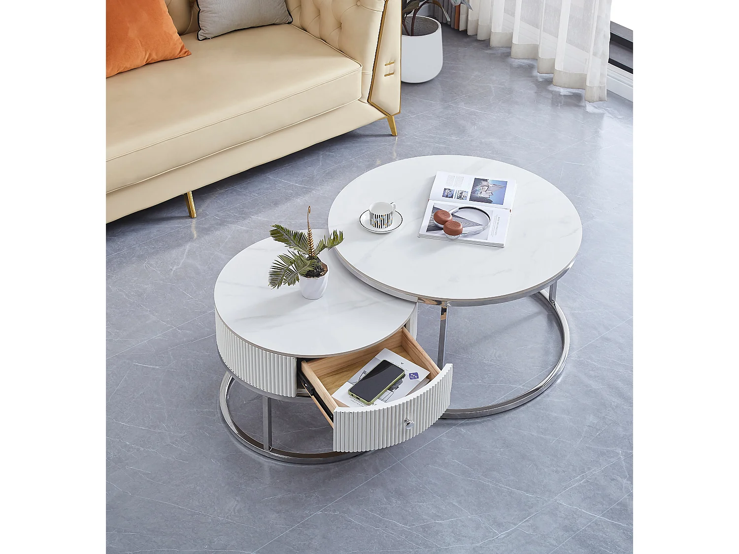 Duo de Tables Basses Gigognes Ø80+Ø60cm Chrome & Céramique SAMIRA