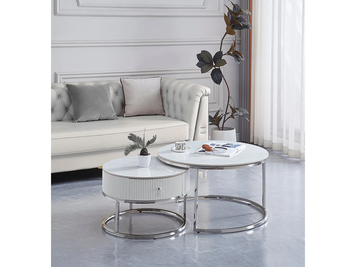 Duo de Tables Basses Gigognes Ø80+Ø60cm Chrome & Céramique SAMIRA