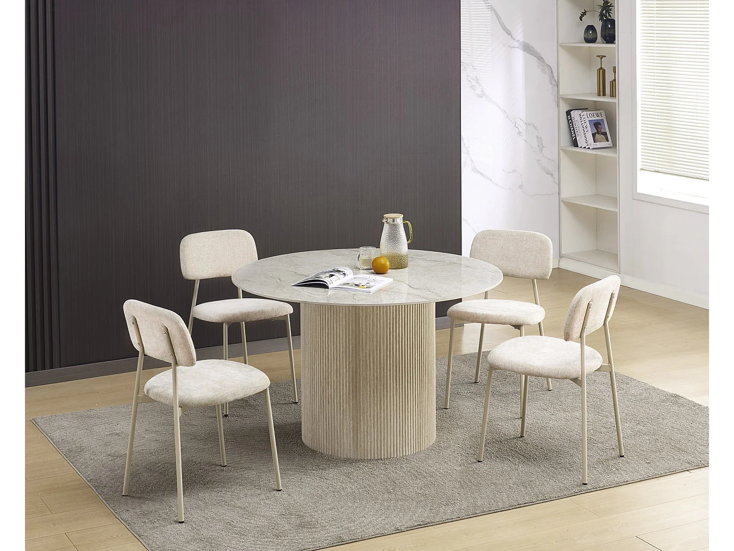 Lot 4 chaises salle à manger tissu taupe pieds métal blanc 44x43x80 cm AZRA