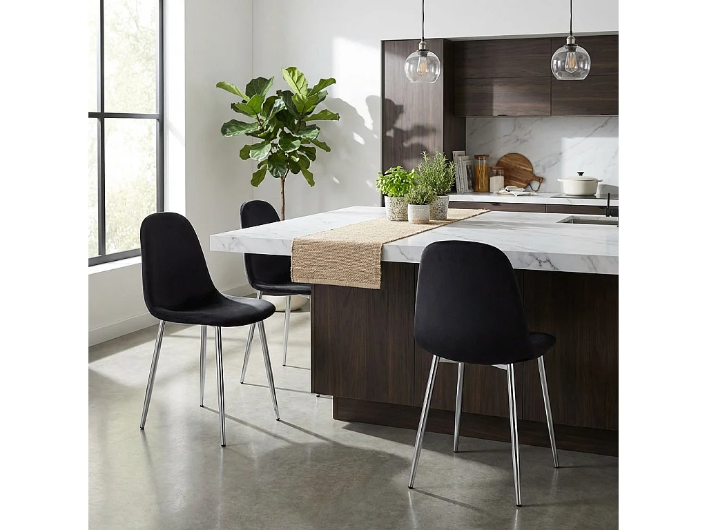 Lot de 4 Chaises Scandinaves Velours Noir Pieds Chrome 43,5x40x87cm
