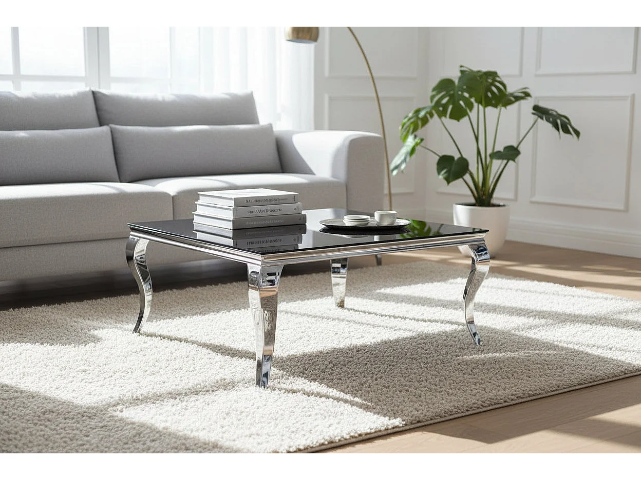 Table Basse Carrée Chrome Verre Noir 100x100x45 cm BAROQUE