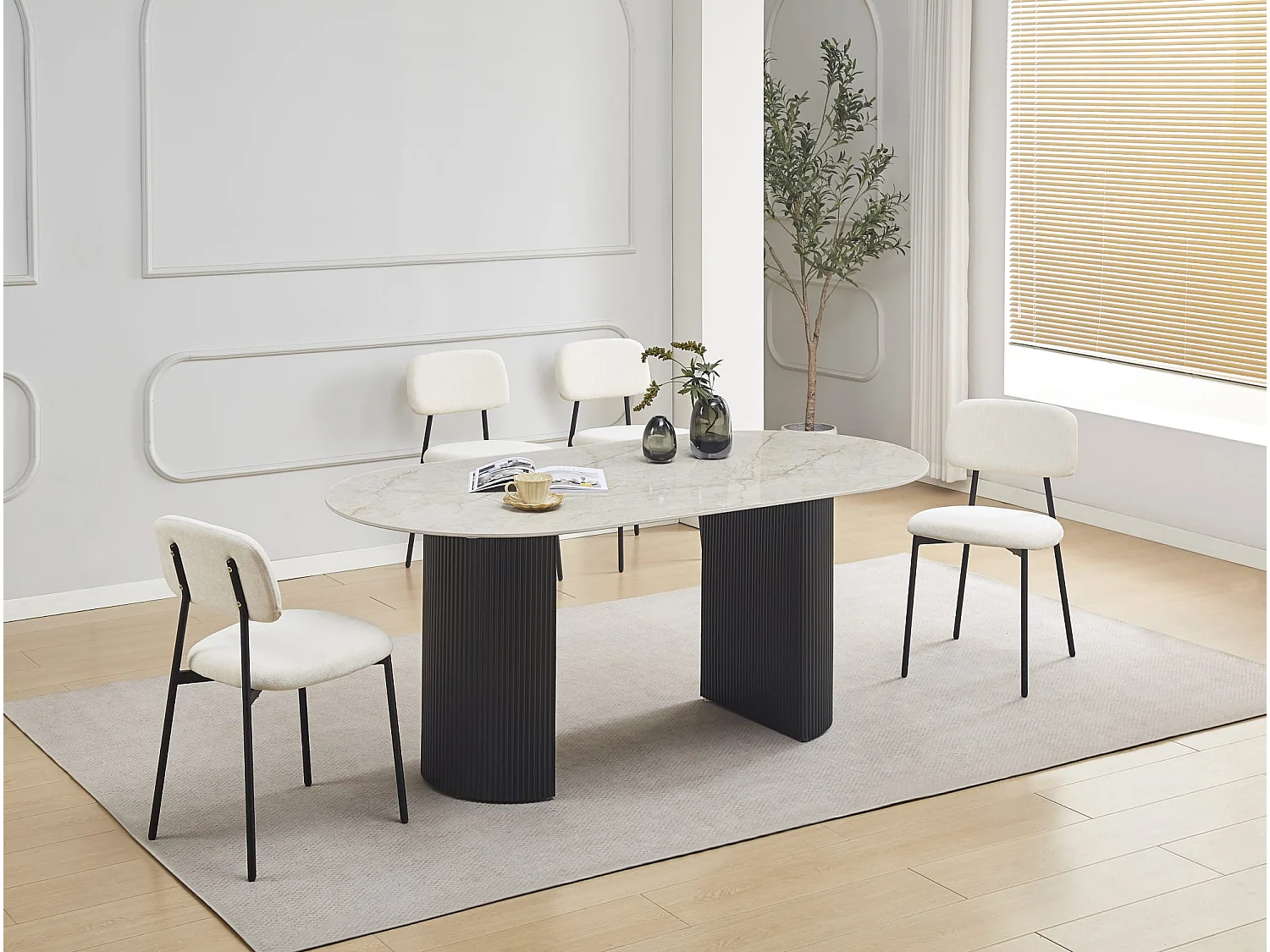 Lot 4 chaises salle à manger tissu beige pieds métal noir 44x43x80 cm AZRA