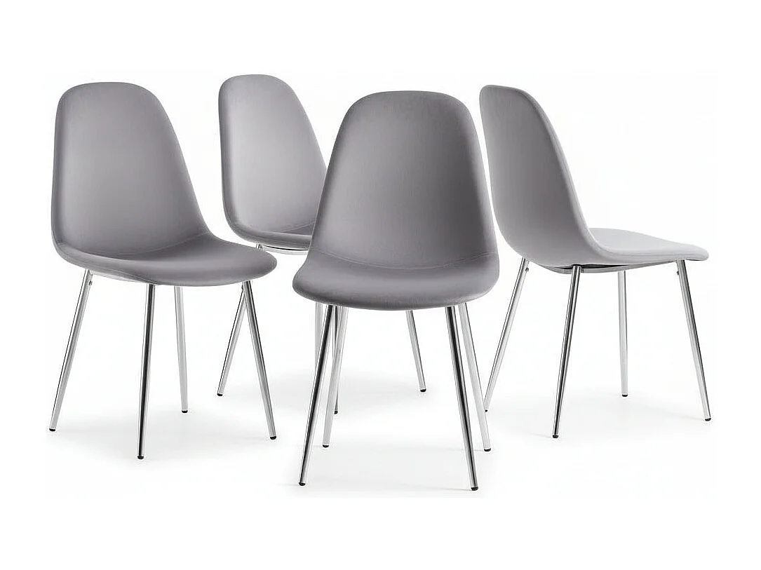 Lot de 4 Chaises Scandinaves Velours Gris Pieds Chrome 43,5x40x87cm