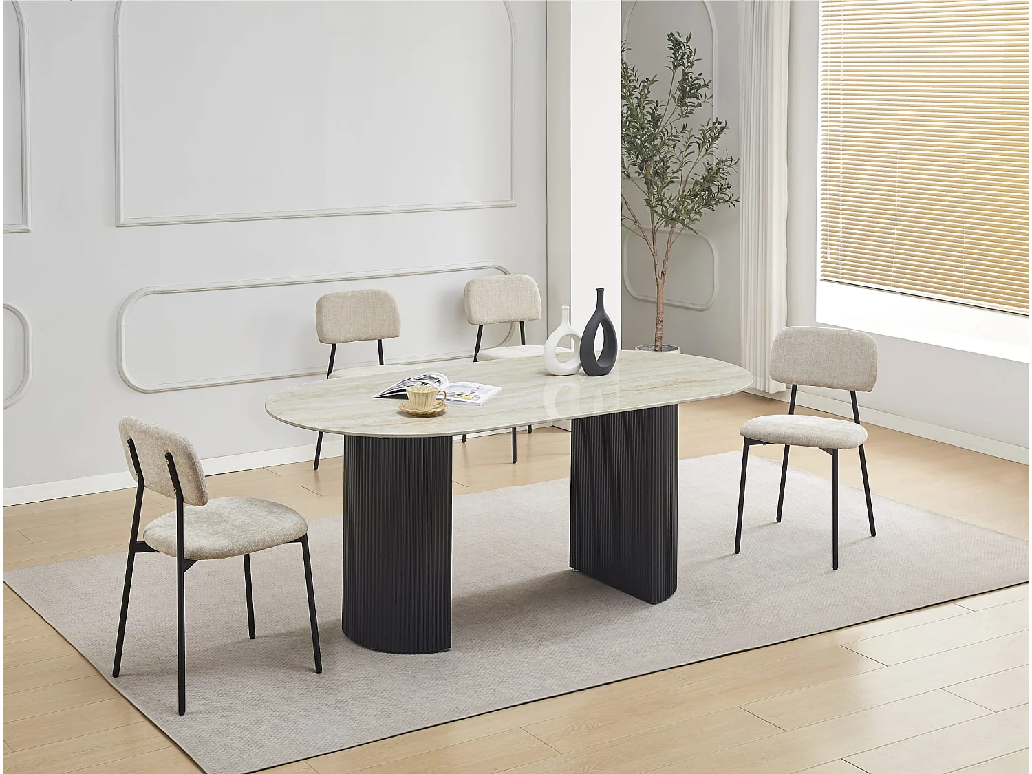 Lot 4 chaises salle à manger tissu taupe pieds métal noir 44x43x80 cm AZRA