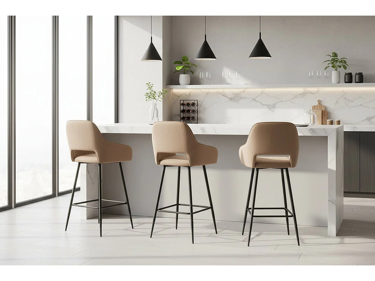 Lot 2 Tabourets de Bar Athena Velours Taupe Pieds Métal Noir 47x41x104cm