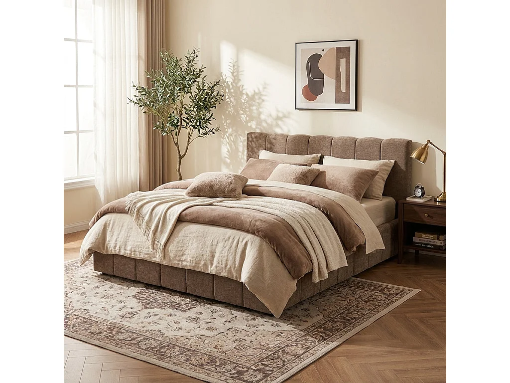 Lit Coffre 140x190 cm – Tissu Chenille moka & Sommier à Lattes Inclus