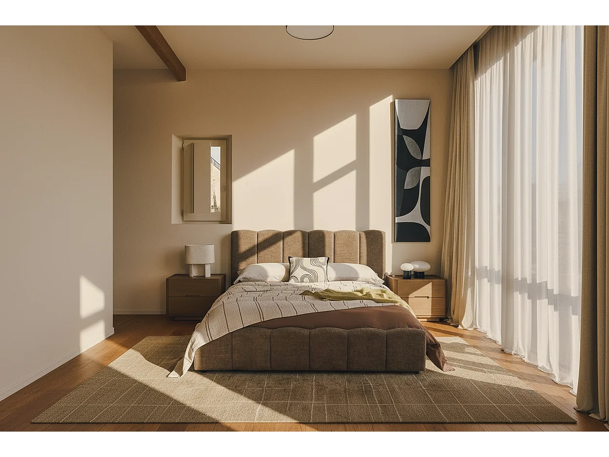 Lit Coffre 140x190 cm – Tissu Chenille moka & Sommier à Lattes Inclus