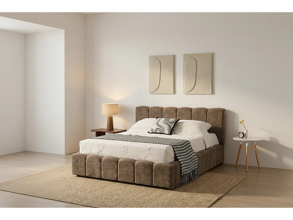 Lit Coffre 140x190 cm – Tissu Chenille moka & Sommier à Lattes Inclus