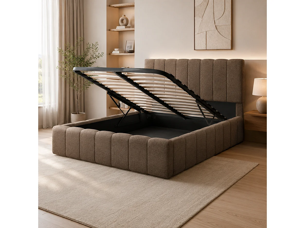 Lit Coffre 140x190 cm – Tissu Chenille Moka, Sommier à Lattes Inclus