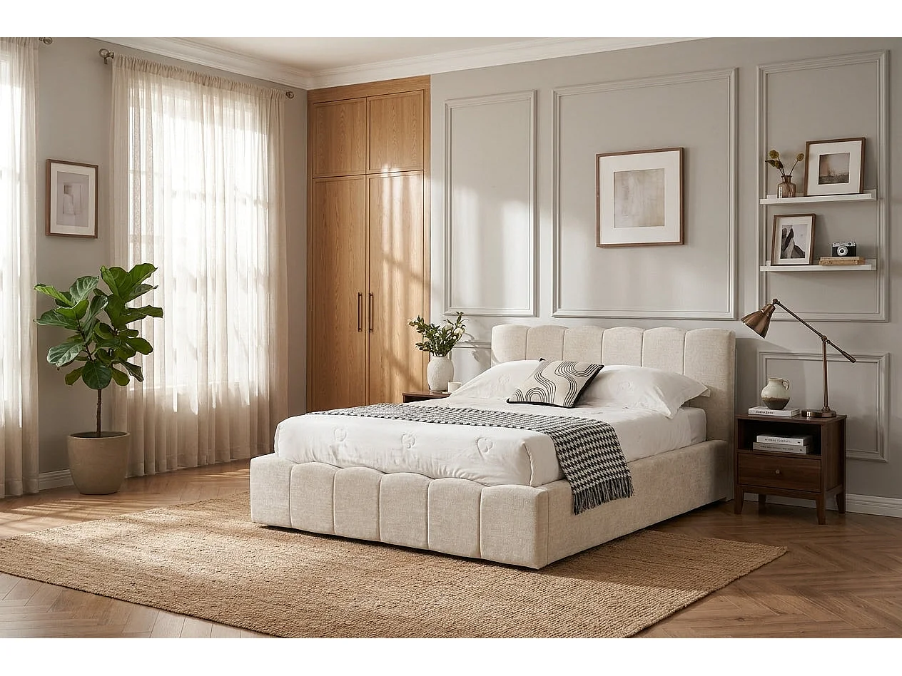 Lit Coffre MDF & Tissu Chenille Beige | 140x190 cm, Sommier Inclus