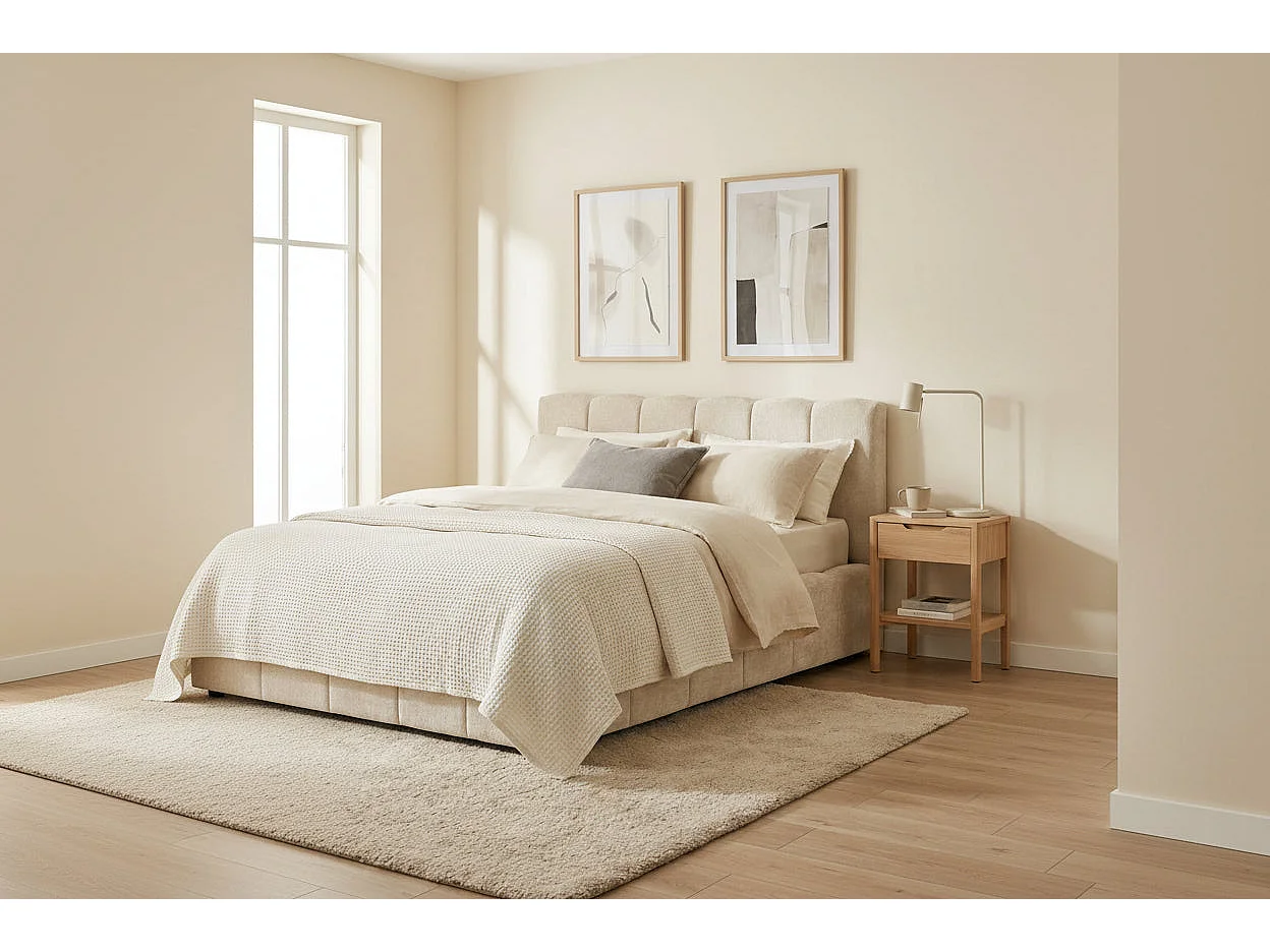 Lit Coffre MDF & Tissu Chenille Beige | 140x190 cm, Sommier Inclus