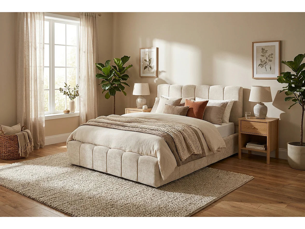 Lit Coffre MDF & Tissu Chenille Beige | 140x190 cm, Sommier Inclus
