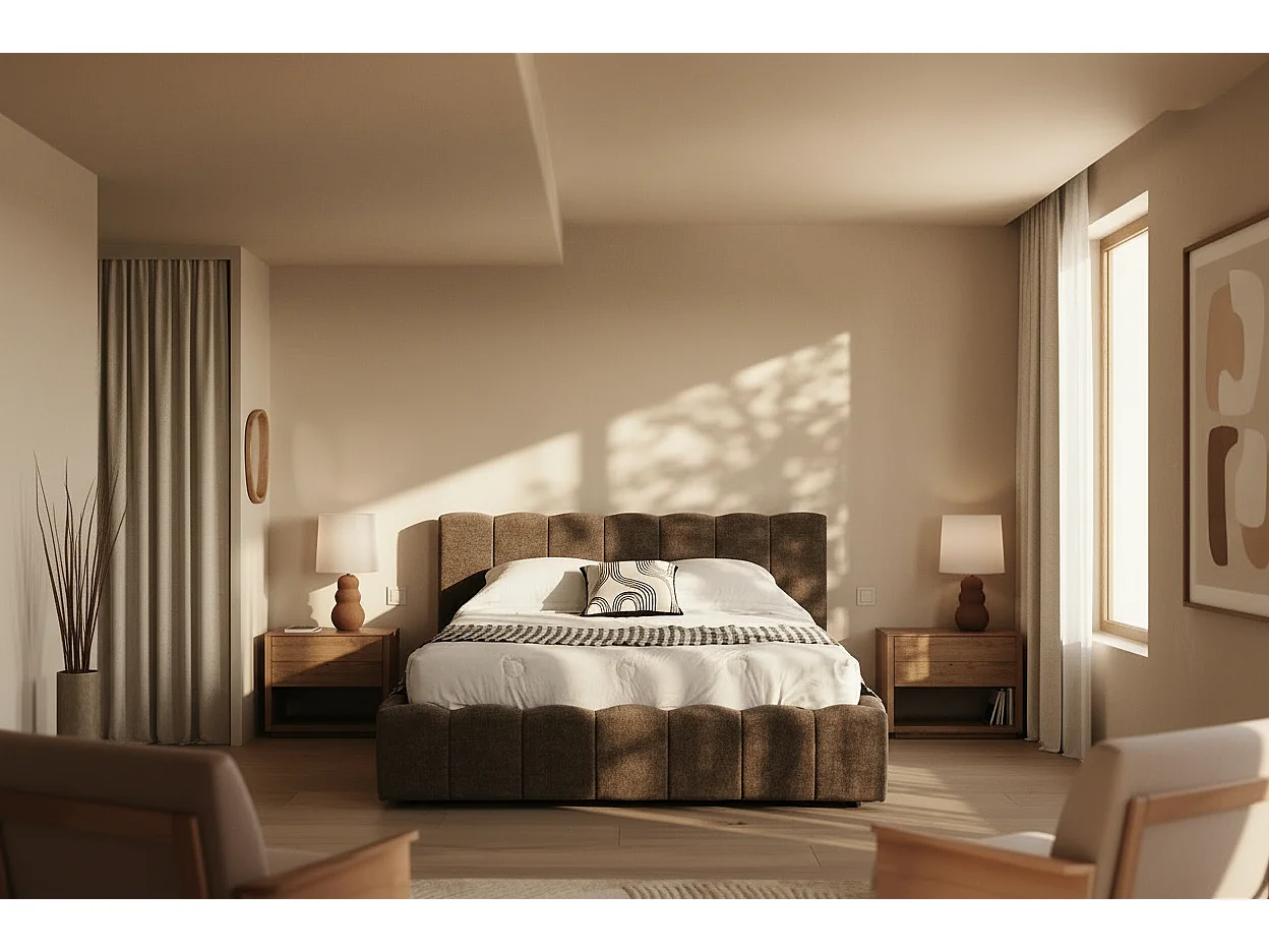 Lit Coffre 160x200 cm – Tissu Chenille Moka, Sommier à Lattes Inclus