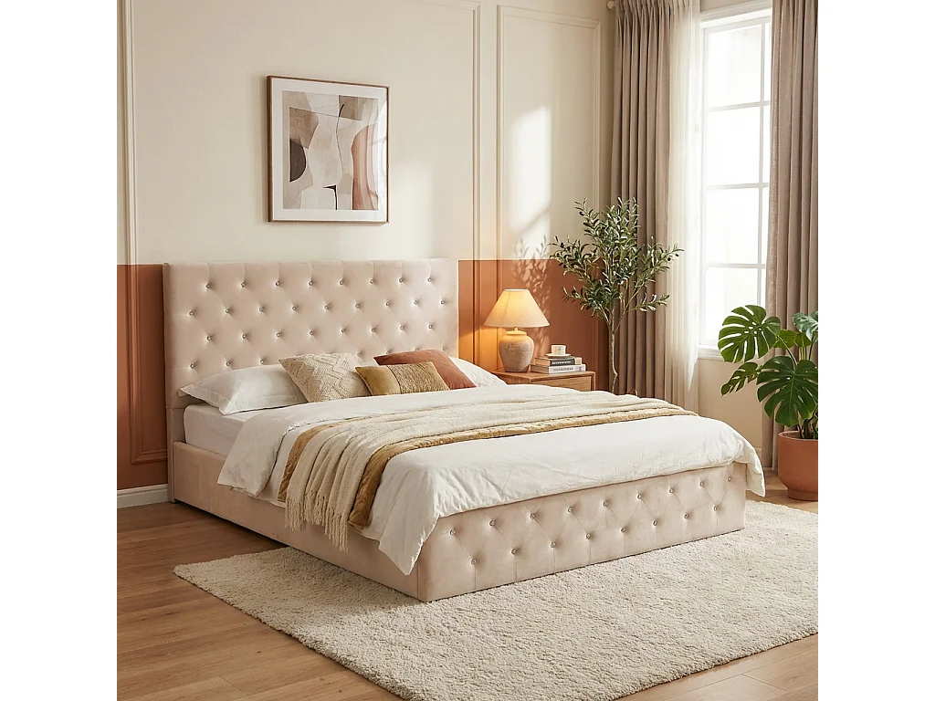 Lit coffre capitonné velours beige 140x190 cm sommier inclus VICTORIA