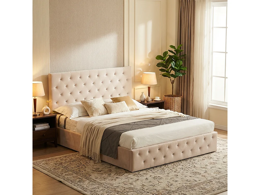 Lit coffre capitonné velours beige 140x190 cm sommier inclus VICTORIA