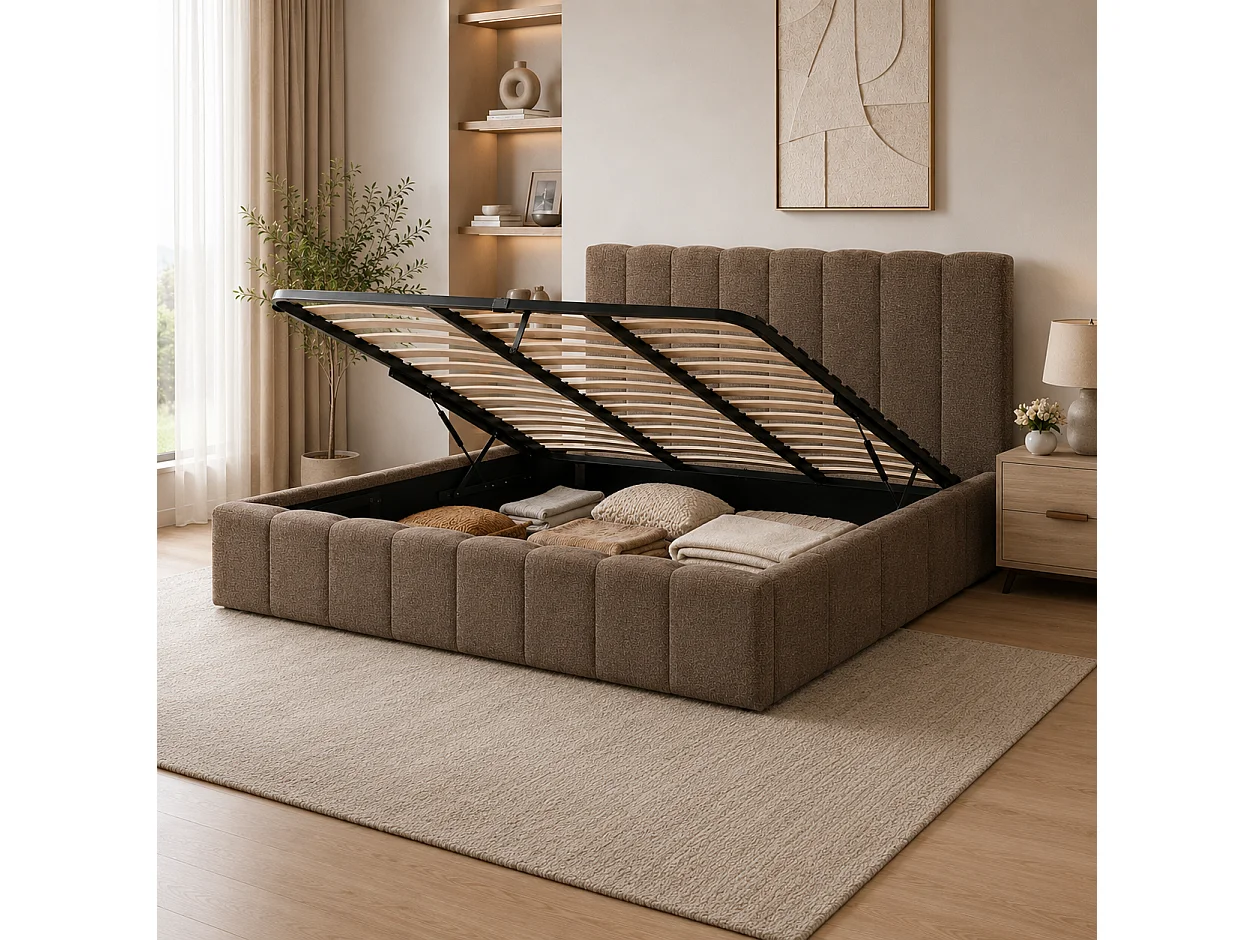 Lit Coffre Bubble 180x200 cm – Tissu Chenille Moka, Sommier à Lattes Inclus