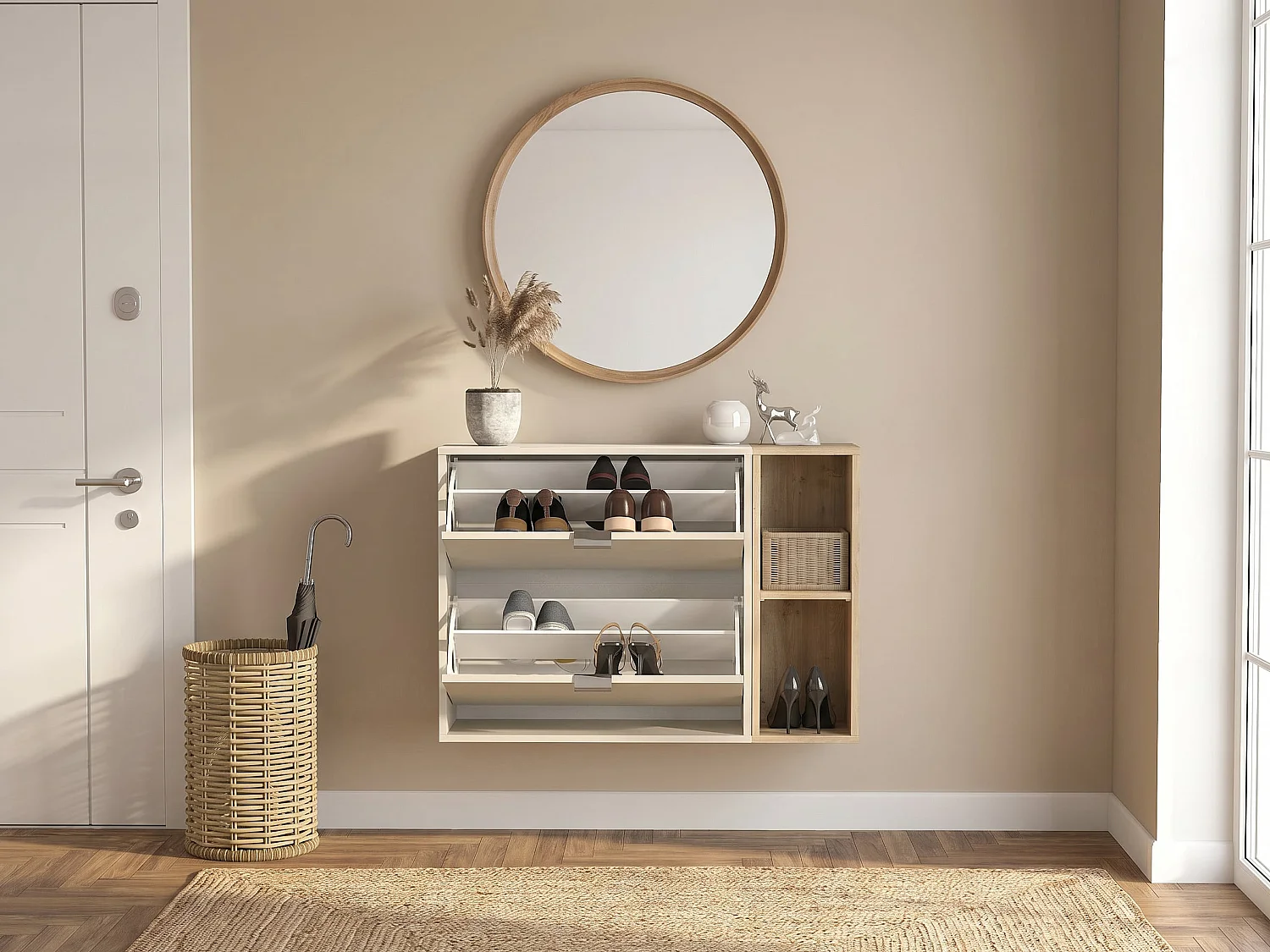 Meuble à chaussures avec 2 compartiments abattants et 2 niches - Beige et Naturel clair - JALIDO