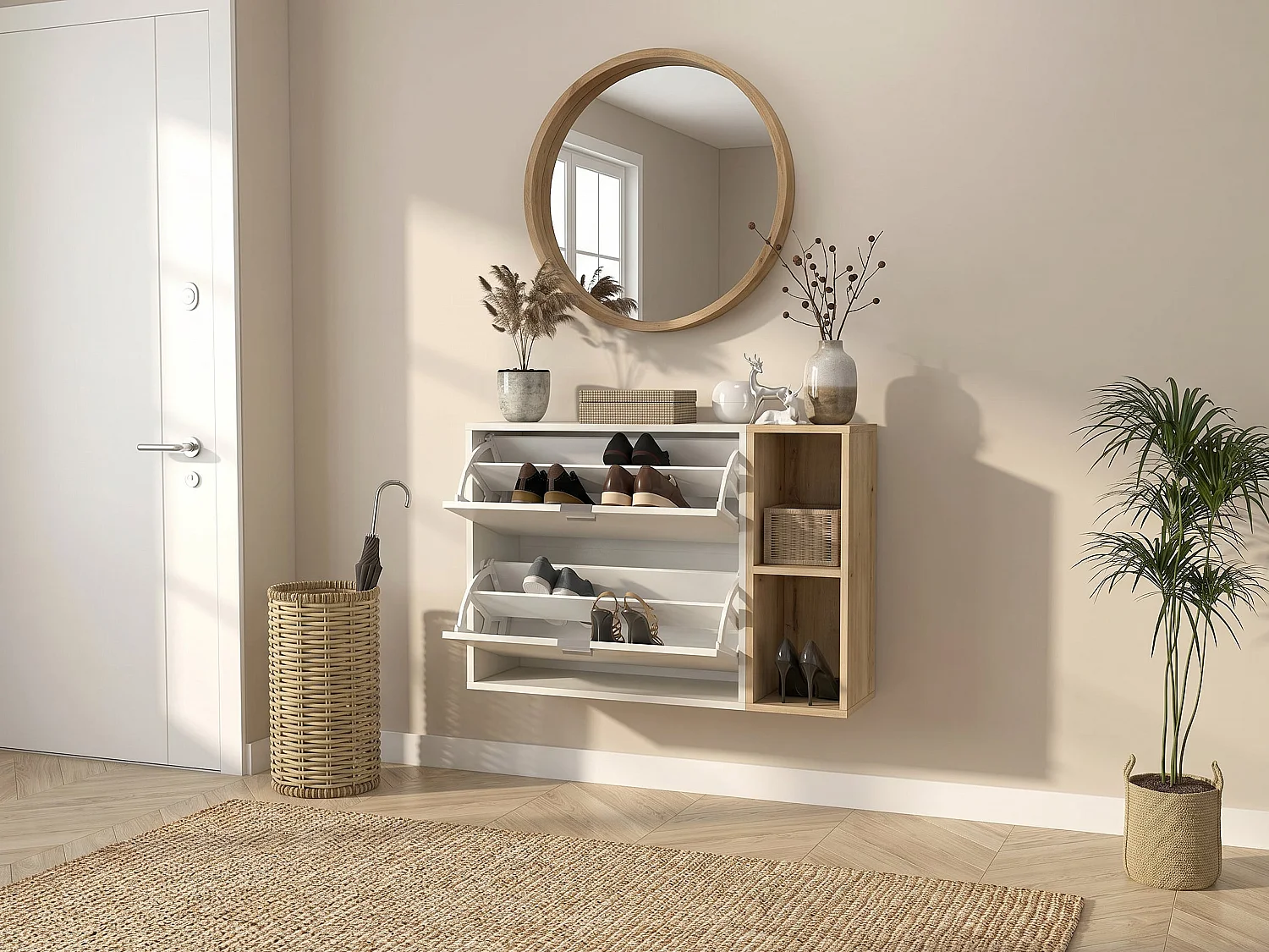 Meuble à chaussures avec 2 compartiments abattants et 2 niches - Beige et Naturel clair - JALIDO