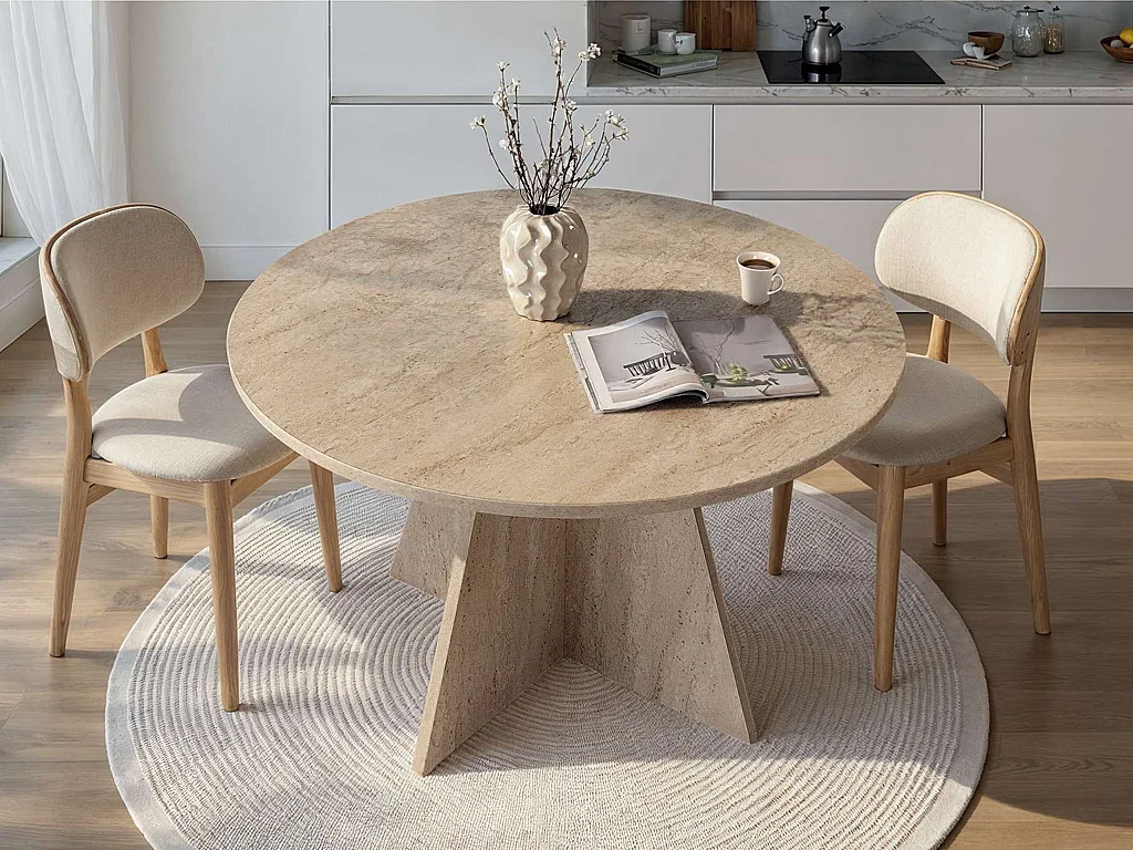 Table à manger ronde 4 personnes - Effet travertin beige - ALVEKO