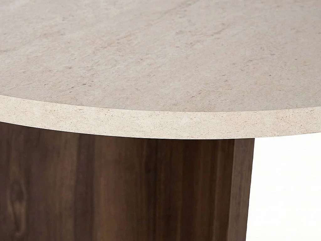 Table à manger ronde 4 personnes - Effet travertin beige et naturel foncé - ALVEKO