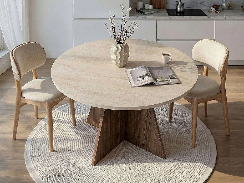 Table à manger ronde 4 personnes - Effet travertin beige et naturel foncé - ALVEKO