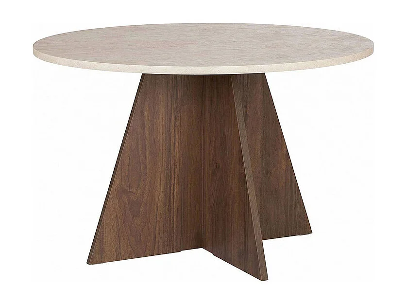 Table à manger ronde 4 personnes - Effet travertin beige et naturel foncé - ALVEKO