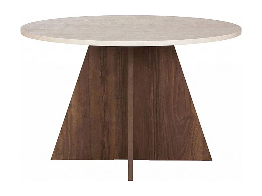 Table à manger ronde 4 personnes - Effet travertin beige et naturel foncé - ALVEKO