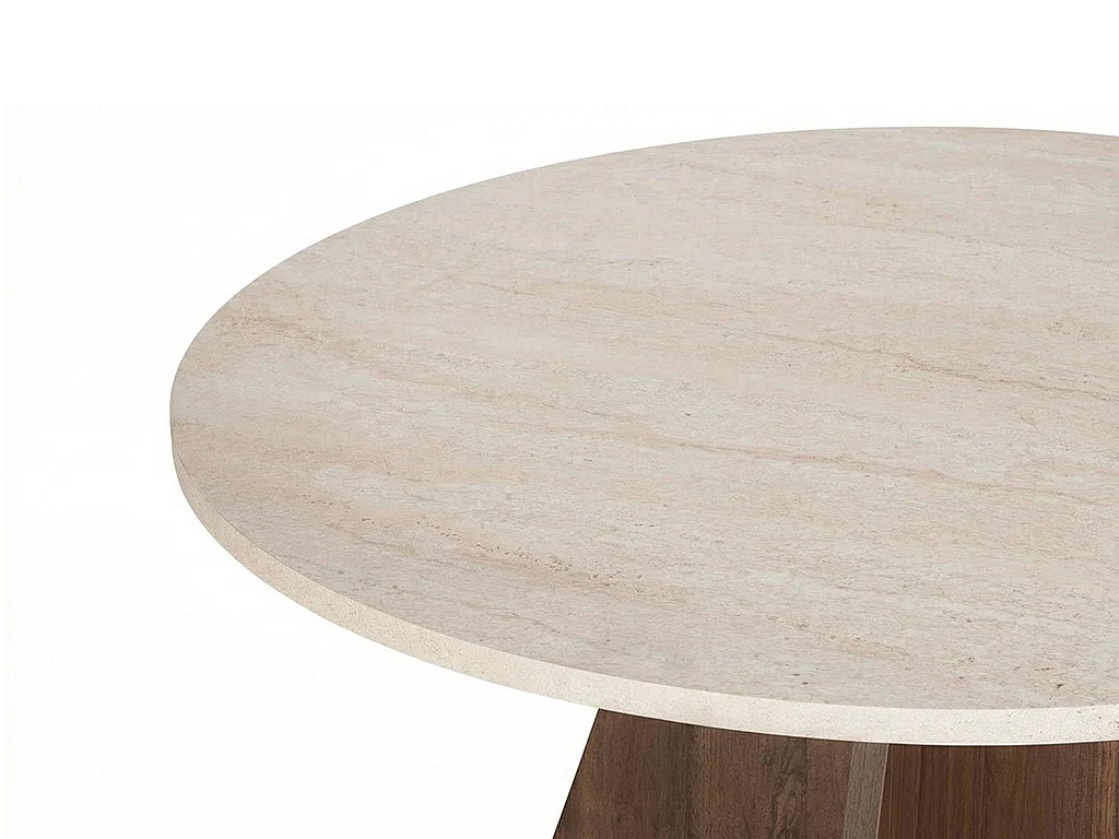 Table à manger ronde 4 personnes - Effet travertin beige et naturel foncé - ALVEKO