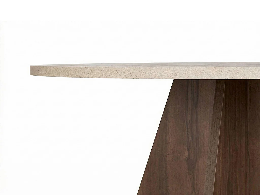 Table à manger ronde 4 personnes - Effet travertin beige et naturel foncé - ALVEKO