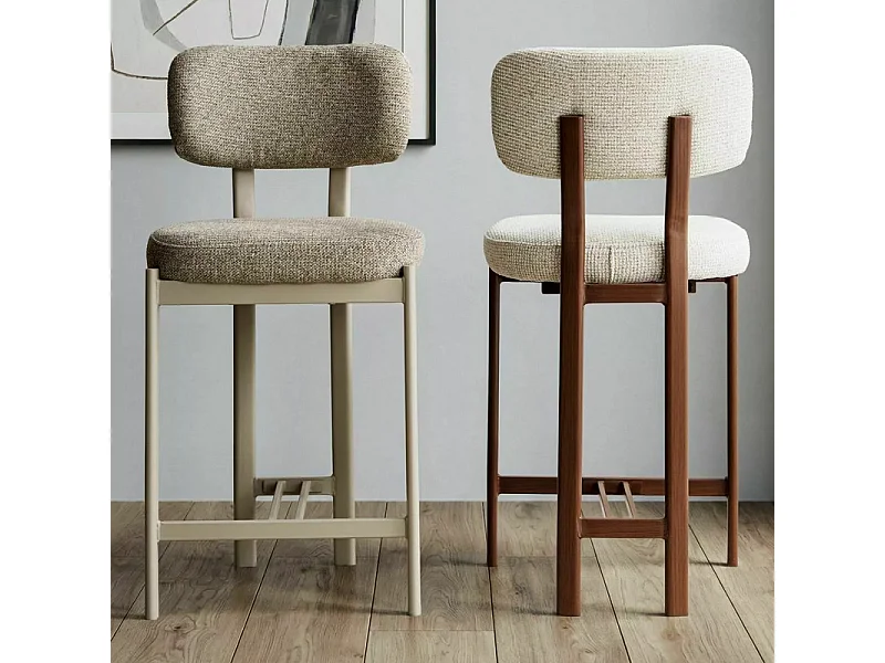Chaise haute de bar Olf en tissu texturé beige et métal assorti