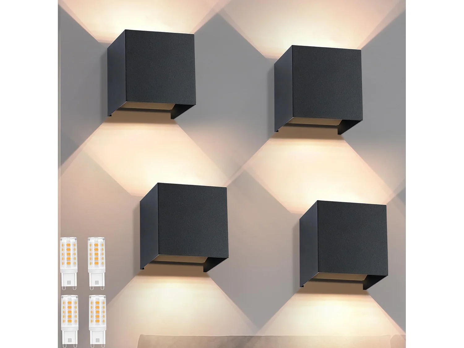 ZMH Applique Extérieure/Intérieure Pack de 4 Noir 3000K Blanc Chaud G9 Angle Réglable Up Down IP65 Pour Façade Jardin