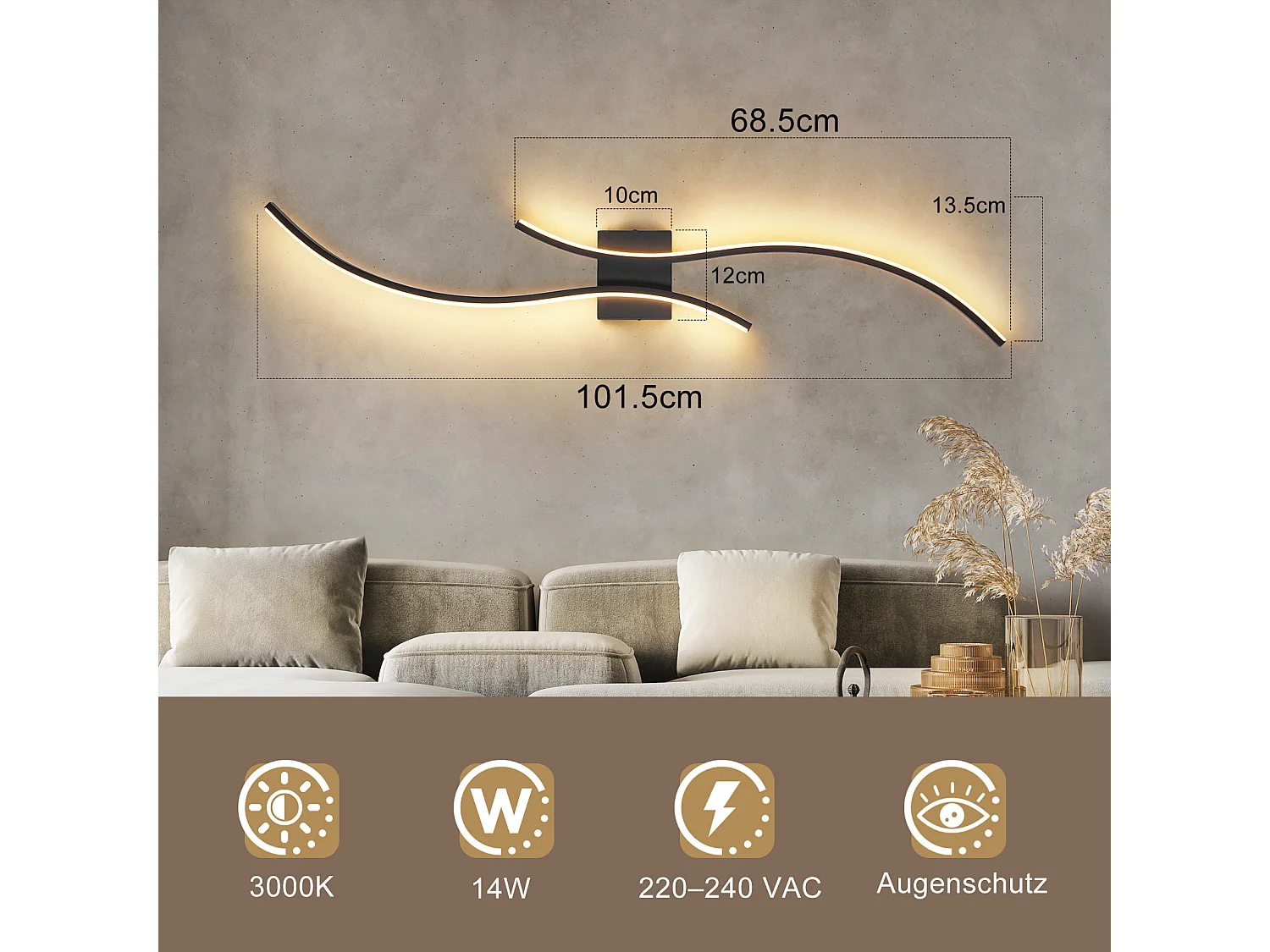 ZMH Applique Murale LED  -  Noir 14w, 100cm, 3000k Blanc Chaud (pour Couloir, Salon, Chambre)