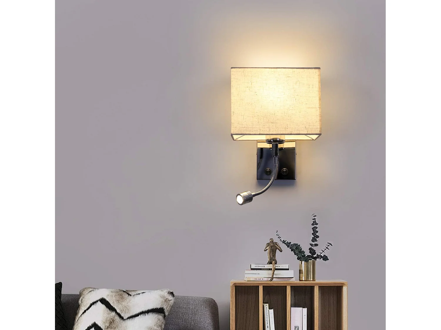 ZMH Applique Murale 2 en 1 Moderne Bras de Lecture Réglable Abat jour Tissu E27 Interrupteur Pour Chambre Salon