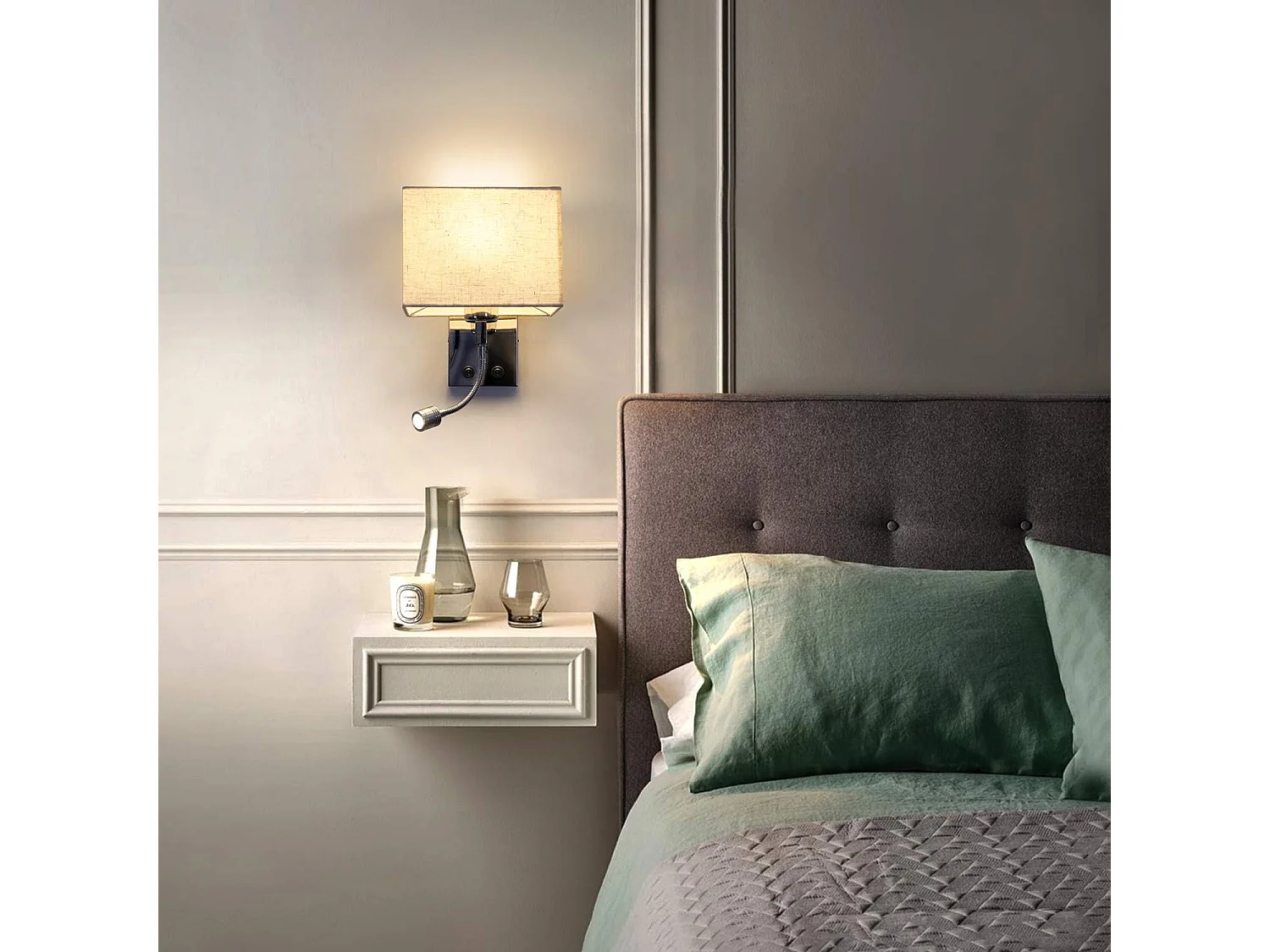 ZMH Applique Murale 2 en 1 Moderne Bras de Lecture Réglable Abat jour Tissu E27 Interrupteur Pour Chambre Salon