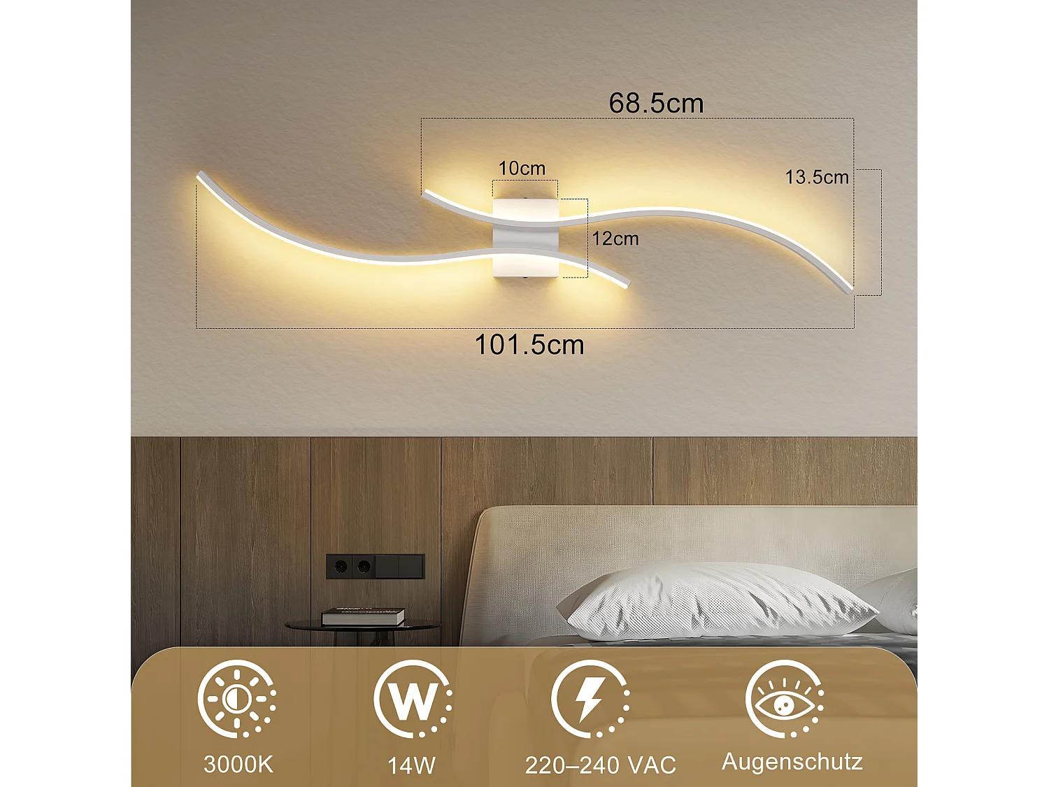 ZMH Applique Murale LED vague – 14w, 100cm, 3000k Blanc Chaud, Blanc Design Moderne, Pour Couloir