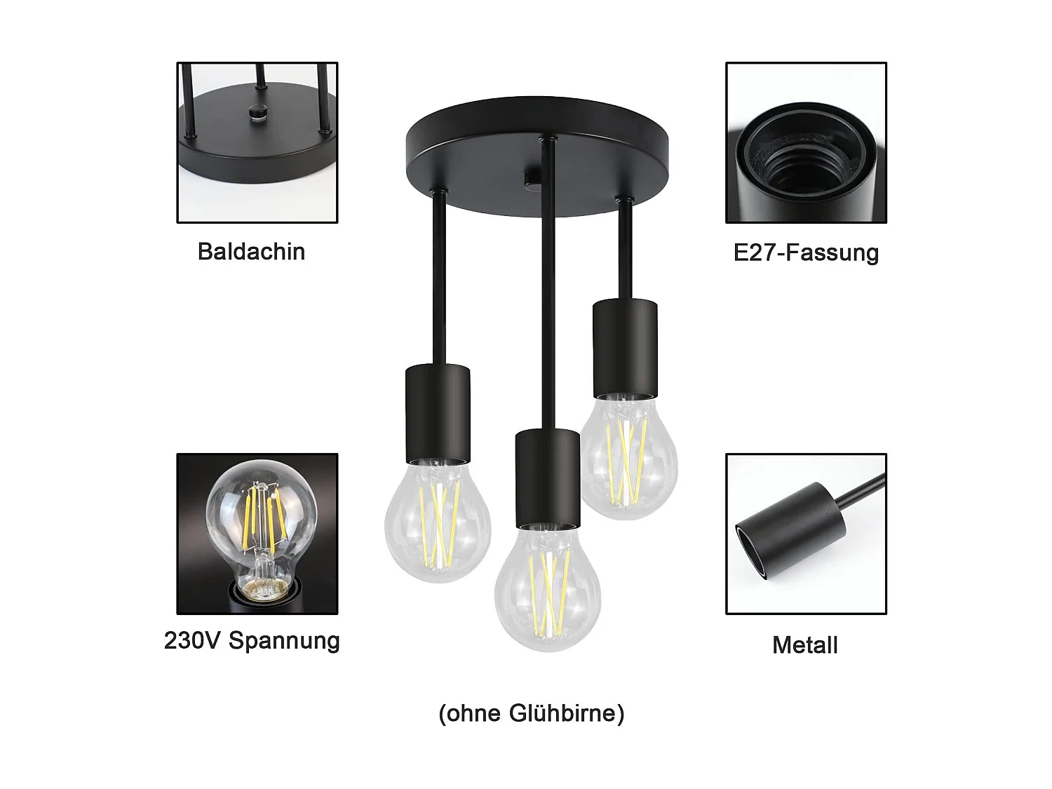 ZMH Plafonnier triple E27 style industriel rétro noir pour restaurant cuisine couloir salon et bar sans ampoules