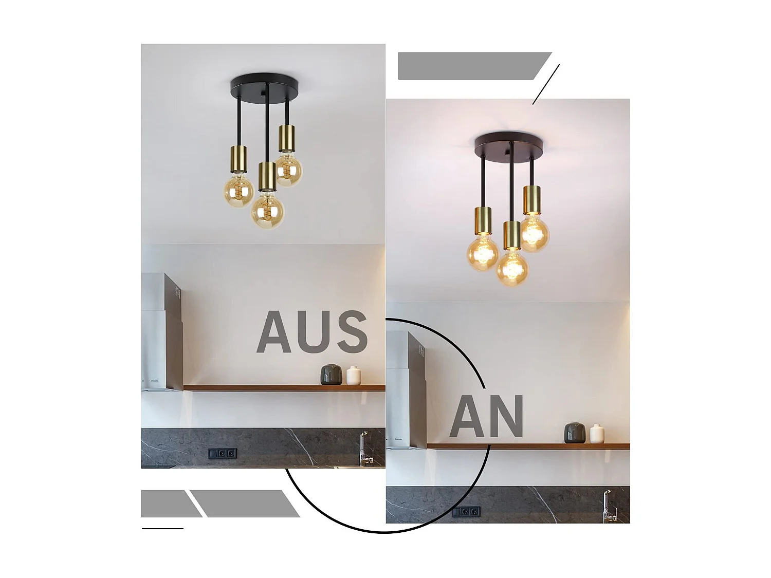 ZMH Plafonnier 3 têtes E27 style rétro noir et or style industriel moderne adapté aux restaurants cuisines puissance maximale 25W