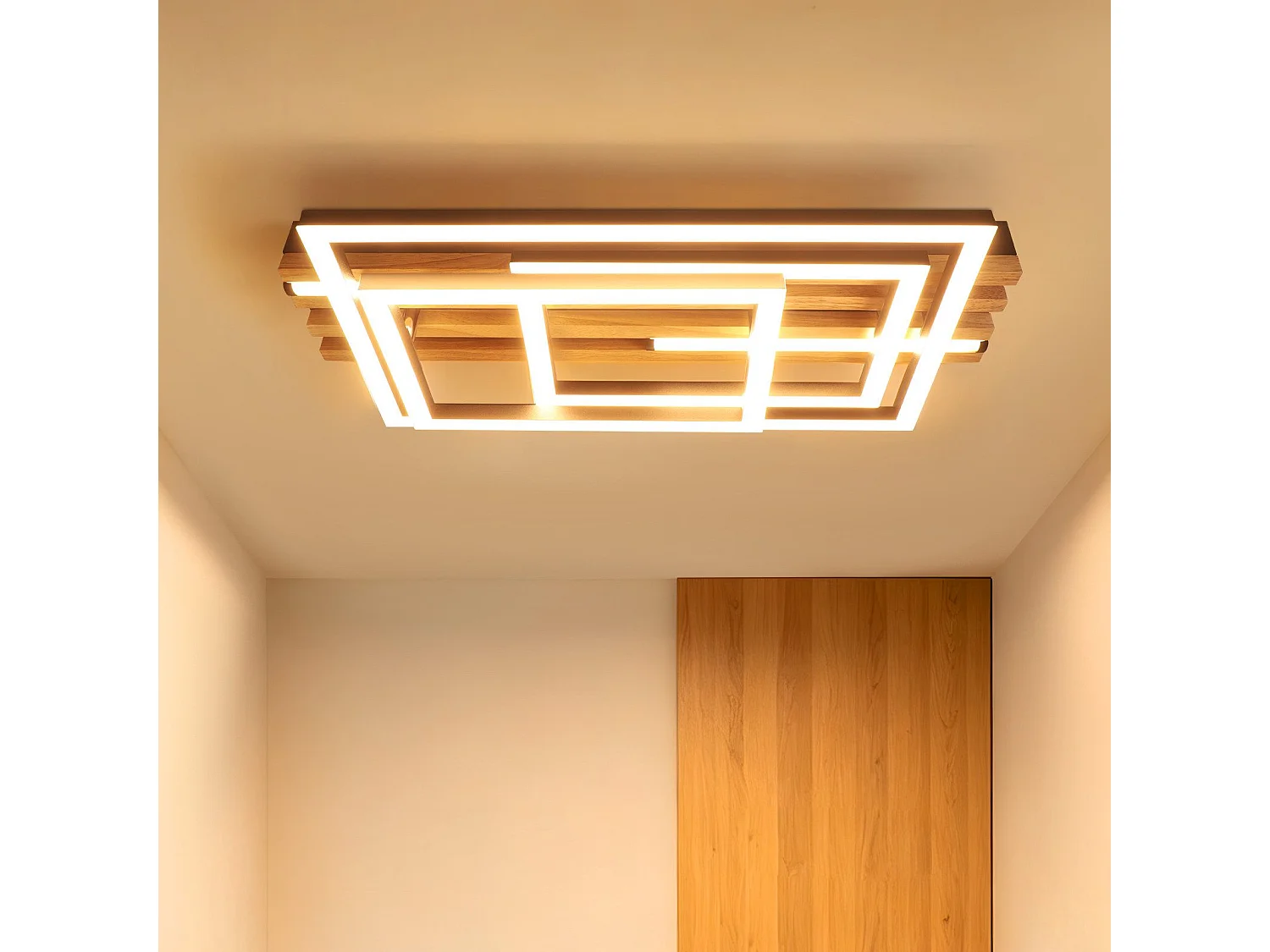 ZMH Plafonnier LED Dimmable Noir Design 3 Anneaux Effet Bois avec Télécommande Pour Salon
