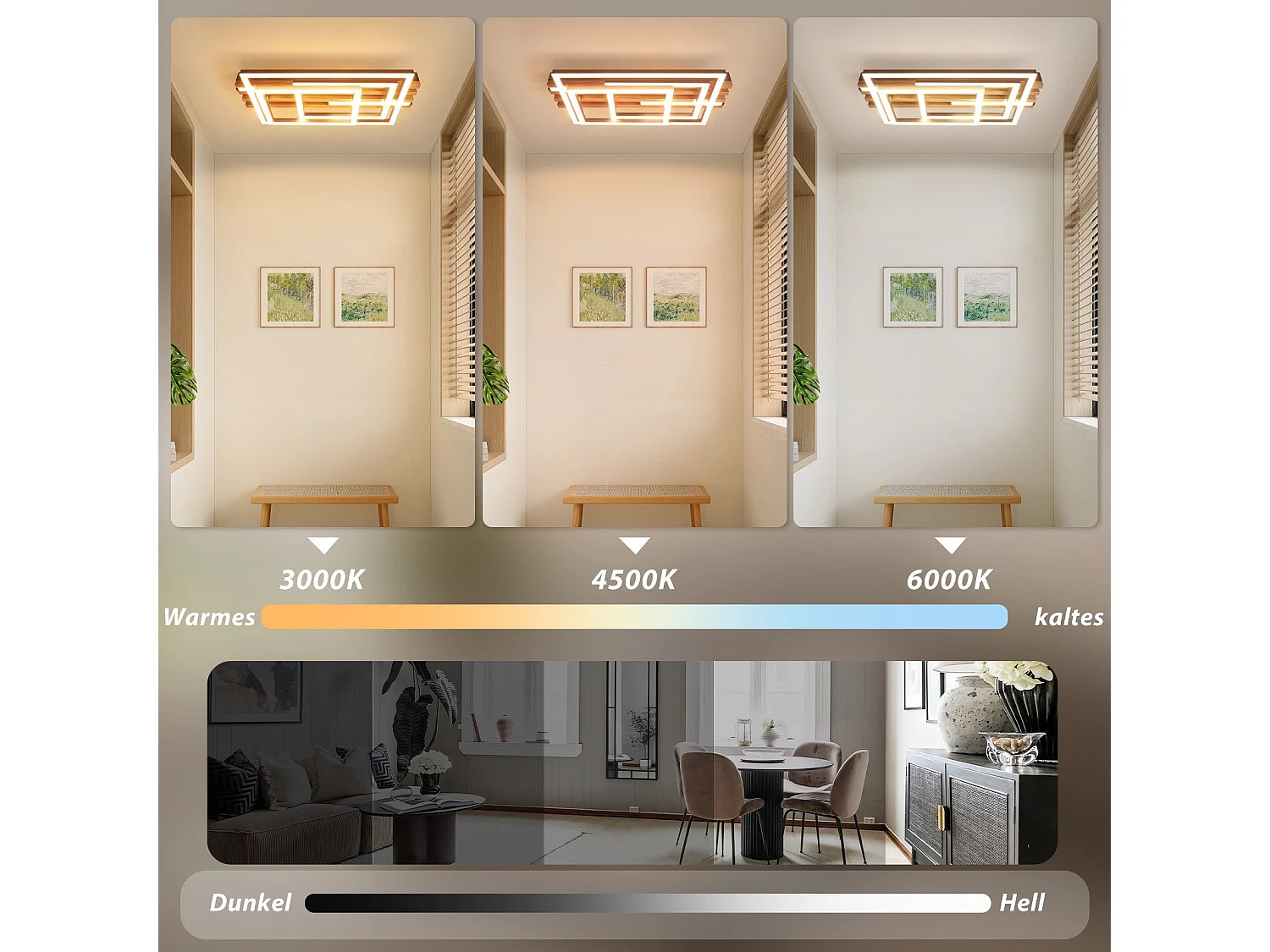 ZMH Plafonnier LED Dimmable Noir Design 3 Anneaux Effet Bois avec Télécommande Pour Salon