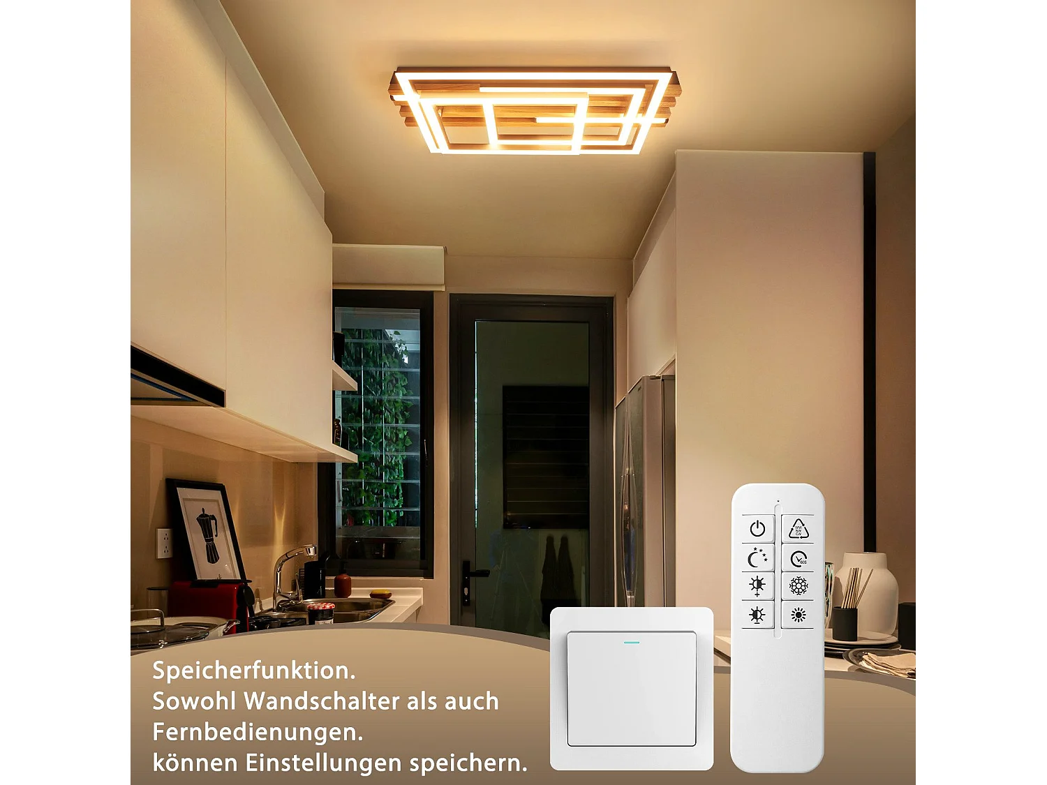 ZMH Plafonnier LED Dimmable Noir Design 3 Anneaux Effet Bois avec Télécommande Pour Salon
