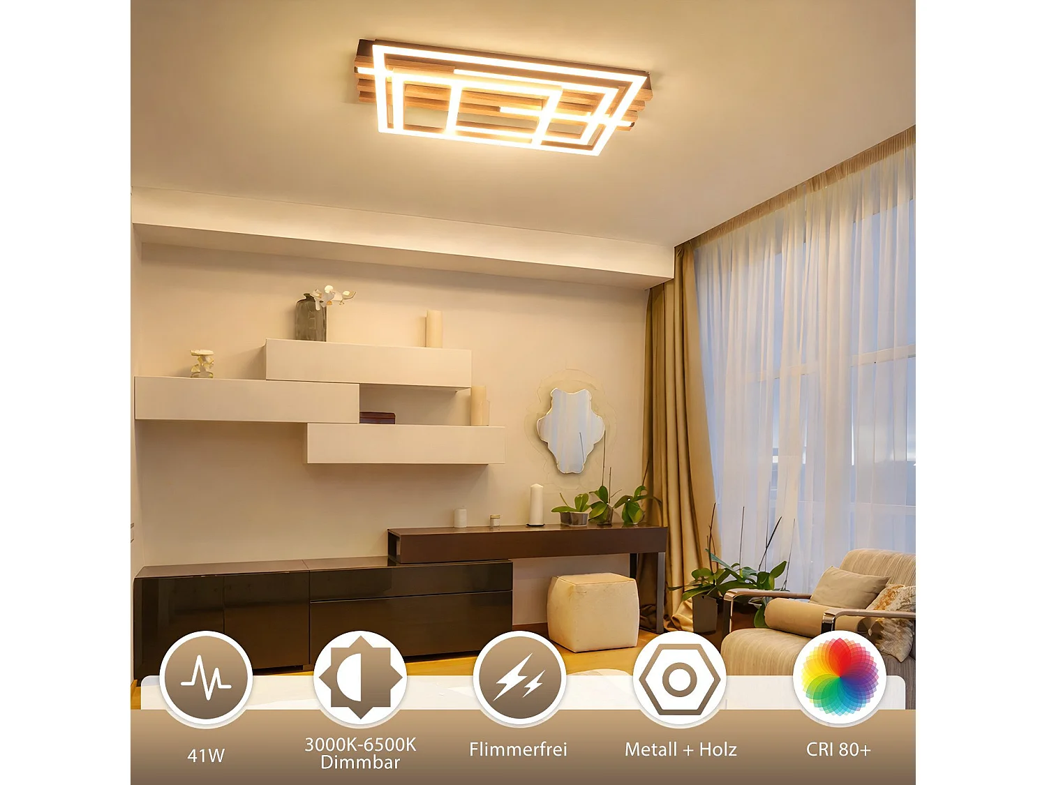 ZMH Plafonnier LED Dimmable Noir Design 3 Anneaux Effet Bois avec Télécommande Pour Salon