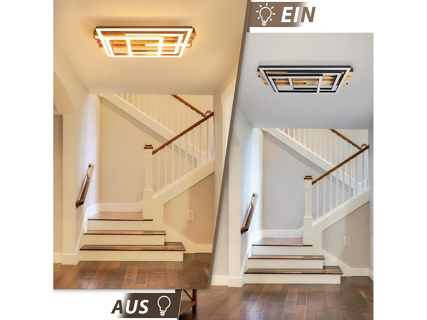 ZMH Plafonnier LED Dimmable Noir Design 3 Anneaux Effet Bois avec Télécommande Pour Salon