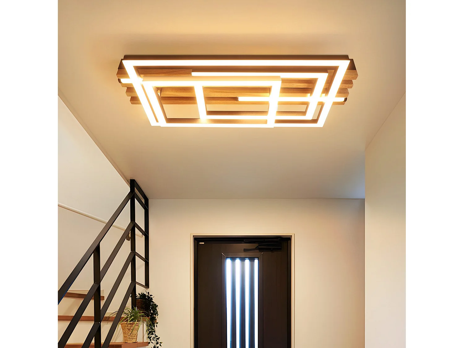 ZMH Plafonnier LED Dimmable Noir Design 3 Anneaux Effet Bois avec Télécommande Pour Salon