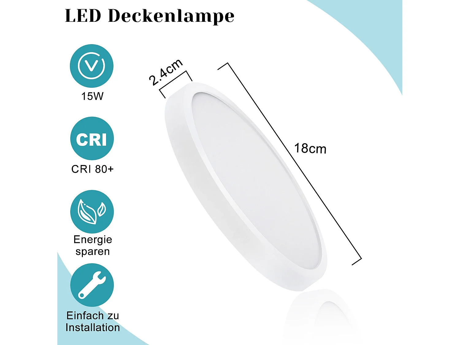ZMH Plafonnier LED plat 18 cm - 15 W, Blanc, 4000 K - Éclairage moderne cuisine, couloir, chambre
