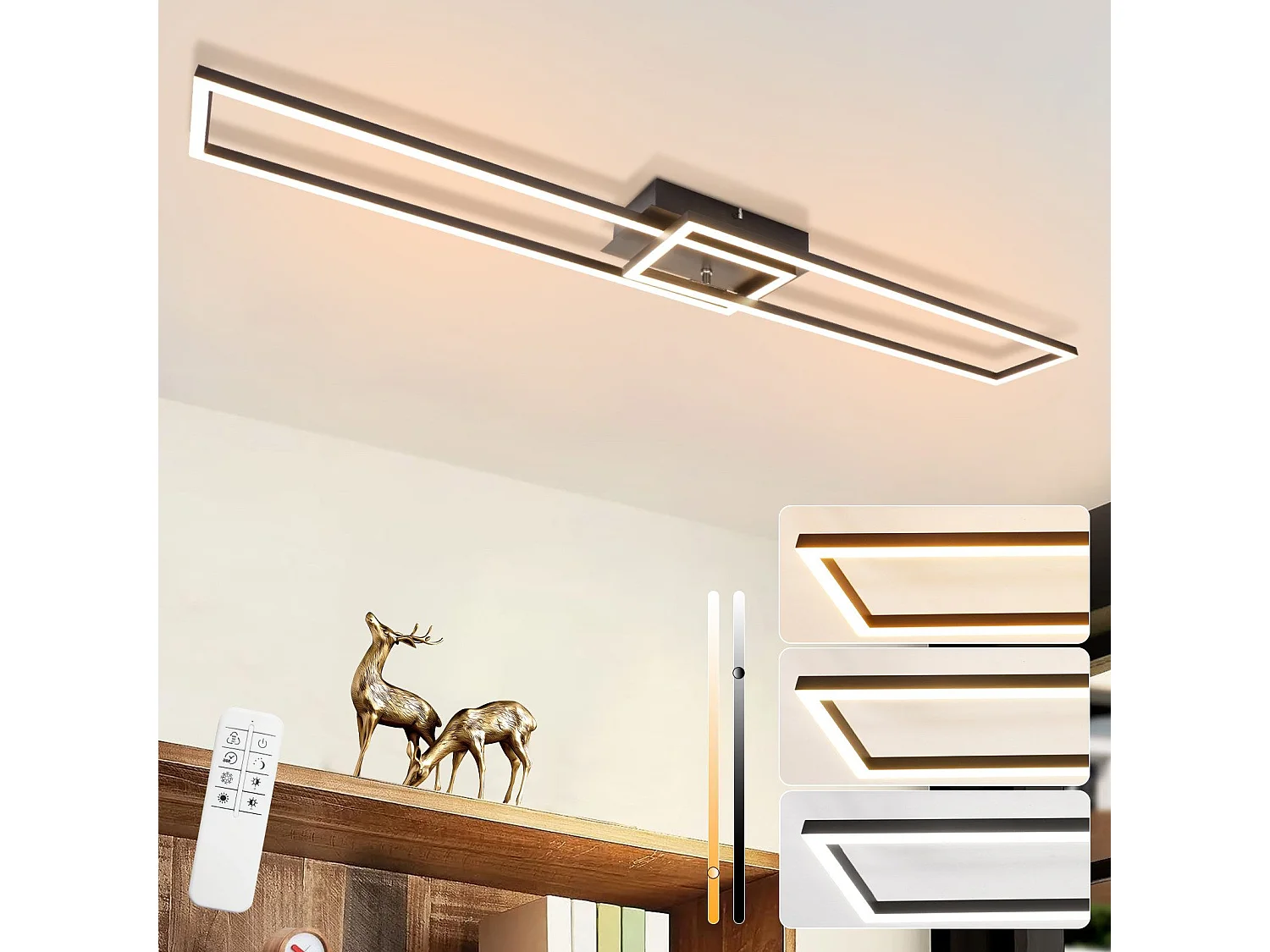 ZMH Plafonnier LED noir à 2 cadres, 102 cm, moderne, à intensité variable, pour salon et chambre à coucher