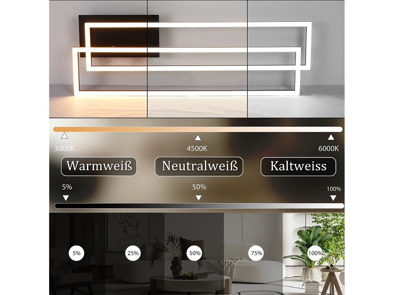ZMH Plafonnier LED noir à 2 cadres, 102 cm, moderne, à intensité variable, pour salon et chambre à coucher