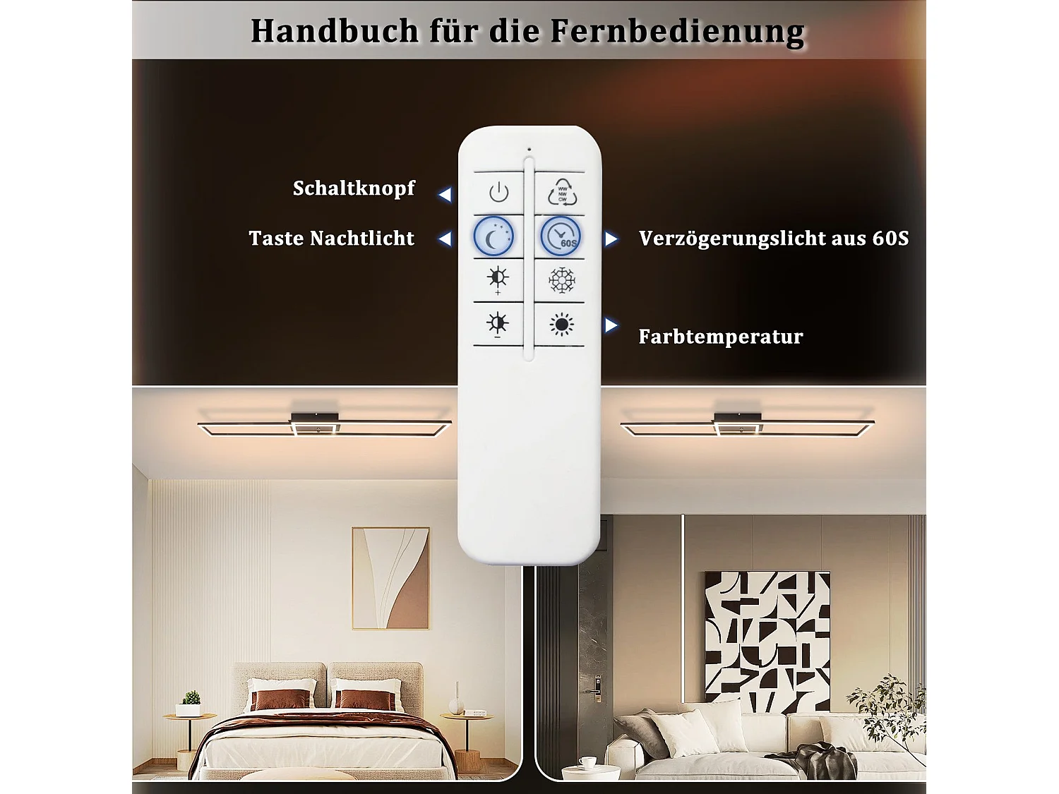 ZMH Plafonnier LED noir à 2 cadres, 102 cm, moderne, à intensité variable, pour salon et chambre à coucher