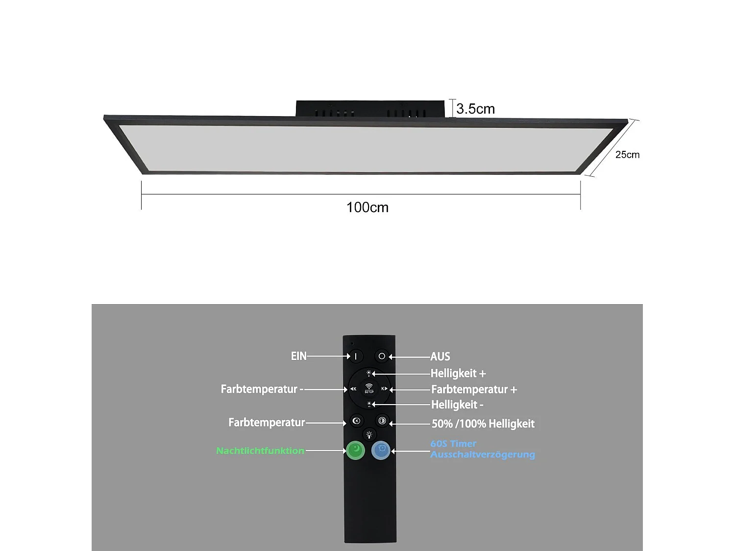 ZMH Plafonnier plat à panneau LED dimmable avec télécommande minuterie 42W 60S