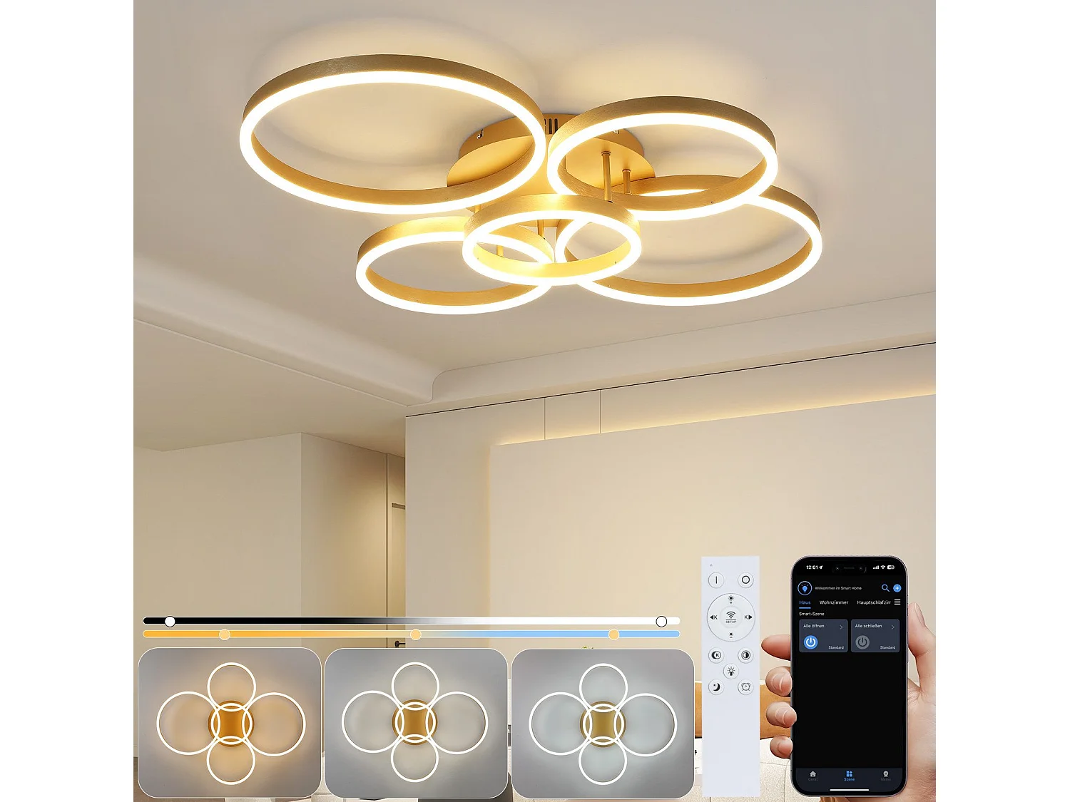 ZMH Plafonnier LED plafonnier salon : lampe de salon dimmable 78W avec télécommande 5 anneaux lampe de chambre dorée
